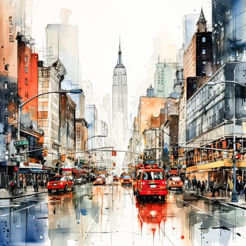 Watercolor Metropolis, New Yorks dynamic streets and towering skyscrapers brought to life