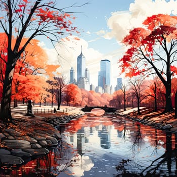 Autumns Canvas, Watercolor sketch paints New Yorks fall charm by a tranquil lake, a vivid landscape