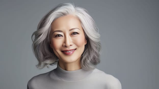 Smiling, elderly, gorgeous Asian woman gray long hair and perfect skin, on a gray background, banner. Advertising of cosmetic products, spa treatments, shampoos and hair care products, dentistry and medicine, perfumes and cosmetology for senior women