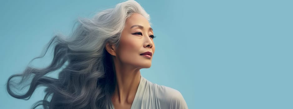 Smiling, elderly, gorgeous Asian woman gray long hair and perfect skin, on a blue background, banner. Advertising of cosmetic products, spa treatments, shampoos and hair care products, dentistry and medicine, perfumes and cosmetology for senior women