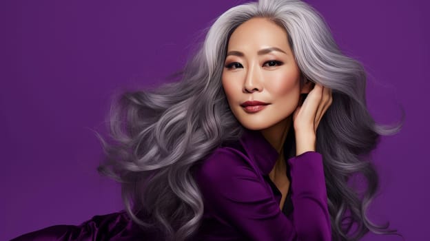 Smiling, elderly, gorgeous Asian woman gray long hair and perfect skin, on purple background, banner. Advertising of cosmetic products, spa treatments, shampoos and hair care products, dentistry and medicine, perfumes and cosmetology for senior women