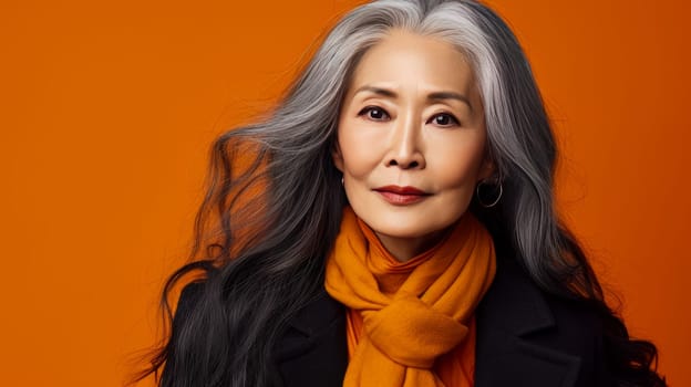 Smiling, elderly, gorgeous Asian woman gray long hair and perfect skin, on orange background, banner. Advertising of cosmetic products, spa treatments, shampoos and hair care products, dentistry and medicine, perfumes and cosmetology for senior women