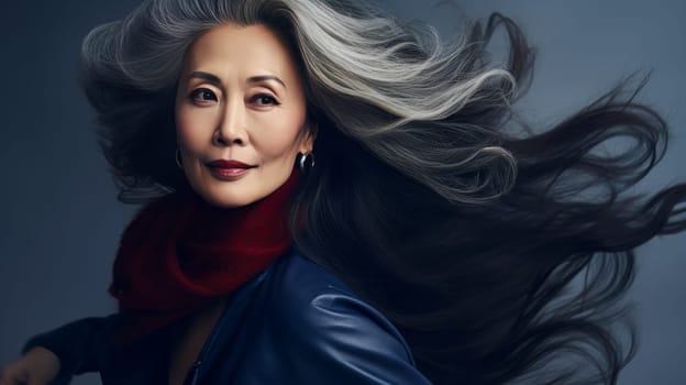 Smiling, elderly, chic Asian woman gray long hair and perfect skin, on dark blue background, banner. Advertising of cosmetic products, spa treatments, shampoos and hair care products, dentistry and medicine, perfumes and cosmetology for senior women