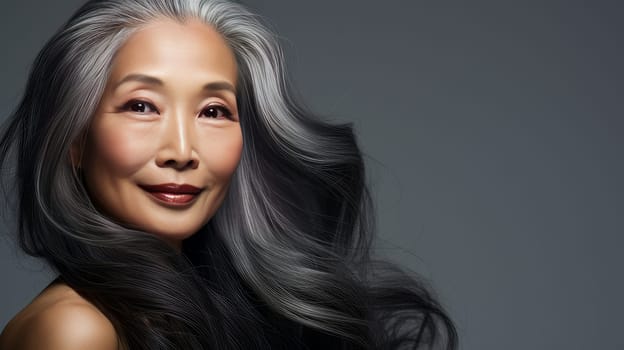 Smiling, elderly, gorgeous Asian woman gray long hair and perfect skin, on silver background, banner. Advertising of cosmetic products, spa treatments, shampoos and hair care products, dentistry and medicine, perfumes and cosmetology for senior women