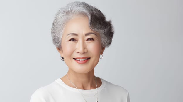 Elegant, smiling, elderly, chic Asian woman with gray hair and perfect skin on a white background banner. Advertising of cosmetic products, spa treatments, shampoos and hair care products, dentistry and medicine, perfumes and cosmetology for women