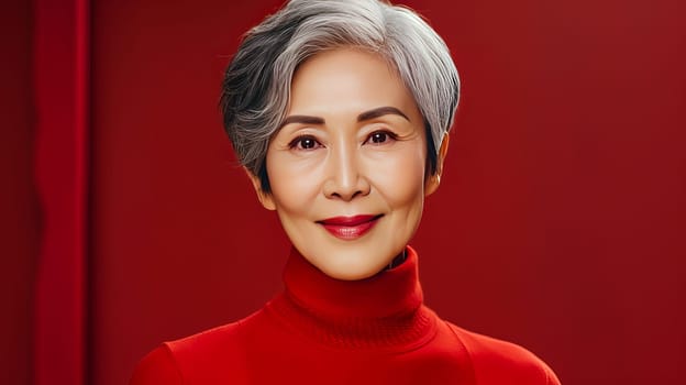 Elegant, smiling, elderly, chic Asian woman with gray hair and perfect skin on a red background banner. Advertising of cosmetic products, spa treatments, shampoos and hair care products, dentistry and medicine, perfumes and cosmetology for women