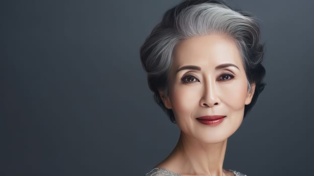 Elegant, smiling, elderly, chic Asian woman with gray hair and perfect skin on a silver background banner. Advertising of cosmetic products, spa treatments, shampoos and hair care products, dentistry and medicine, perfumes and cosmetology for women