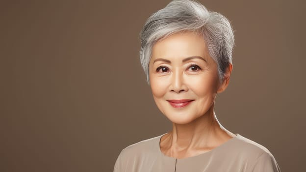 Elegant, smiling, elderly, chic Asian woman gray hair and perfect skin on a creamy beige background banner. Advertising of cosmetic products, spa treatments, shampoos and hair care products, dentistry and medicine, perfumes and cosmetology for women