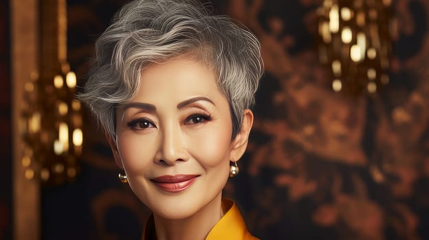 Elegant, smiling, elderly, chic Asian woman with gray hair and perfect skin on golden background banner. Advertising of cosmetic products, spa treatments, shampoos and hair care products, dentistry and medicine, perfumes and cosmetology for women