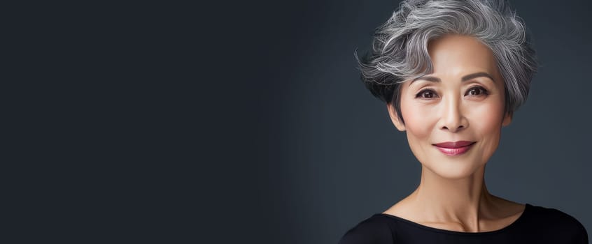 Elegant, smiling, elderly, chic Asian woman with gray hair and perfect skin on a gray background banner. Advertising of cosmetic products, spa treatments, shampoos and hair care products, dentistry and medicine, perfumes and cosmetology for women