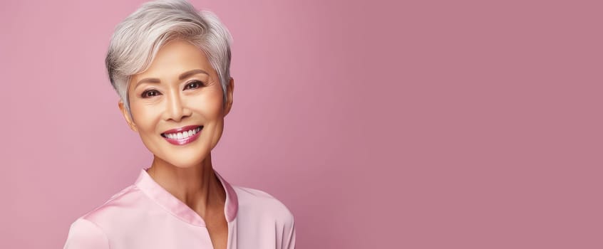 Elegant, smiling, elderly, chic Asian woman with gray hair and perfect skin on pink background banner. Advertising of cosmetic products, spa treatments, shampoos and hair care products, dentistry and medicine, perfumes and cosmetology for women