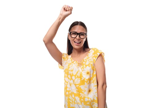 young european woman with vision glasses dressed in summer outfit enjoying and smiling.