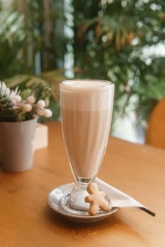 Latte in a glass glass, Breakfast in a cafe