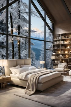 Cozy modern winter living room interior. Cozy house in the mountains.