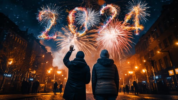 Firework explosion in the night sky celebrating happy new year 2024 . National firework shooting in the beautiful sky for a new year day of year 2024 .