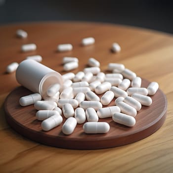 pills in the form of capsules on a wooden board above a white table. High quality photo