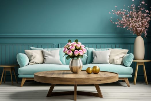 Green sofa and wooden table with a bouquet of delicate roses. Scandinavian interior design for a modern living room.