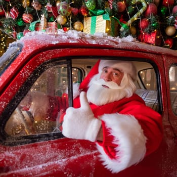 Portrait of Santa Claus driving a red car at Christmas and showing thumbs up