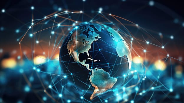 Communication technology with connections around globe Earth showing concept of Internet, IoT, cyberspace, global business, innovation, big data science, digital finance, blockchain.