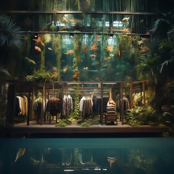 ecological and sustainable clothing store in the middle of the jungle with hangers and clothes surrounded by moss and wild nature. High quality photo