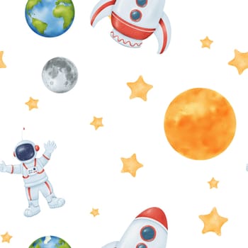 Watercolor seamless pattern of a starry sky. Yellow stars, planet Earth, an astronaut, rocket, moon, and sun. Cosmic theme for kids. for wallpapers, children's rooms, textiles, baby apparel, textbooks.