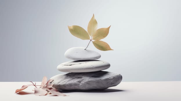 a stack of three smooth stones with a yellow leaf on top and two pink leaves at the bottom, symbolizing balance and tranquility in nature. High quality photo