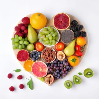 Heart-shaped platter of colorful and nutrient-rich fruits and vegetables, a perfect centerpiece for any occasion. Showcasing the beauty of healthy eating. AI Generative.