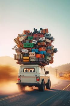 Huge pile luggage on fast 4x4 jeep roof , nomadic life vacation travel holiday lifestyle vblogger generated ai art