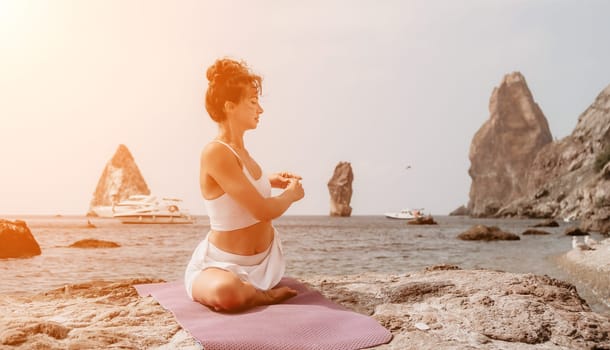 Fitness woman sea. Outdoor workout on yoga mat in park near to ocean beach. Female fitness pilates yoga routine concept. Healthy lifestyle. Happy fit woman exercising with rubber band in park.