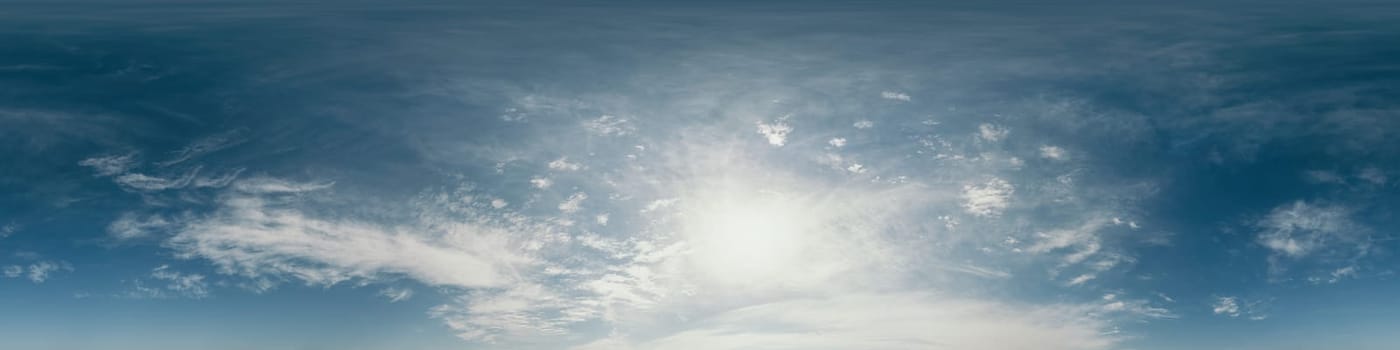 Dark blue sunset sky panorama with pink Cumulus clouds. Seamless hdr 360 pano in spherical equirectangular format. Full zenith for 3D visualization, game, sky replacement for aerial drone panoramas