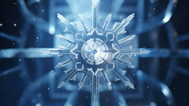 Close-up of a snowflake in a futuristic style, macro photo. Merry Christmas and Happy New Year concept