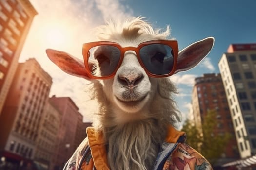 Portrait goat wearing dark sunglasses. Generative AI.