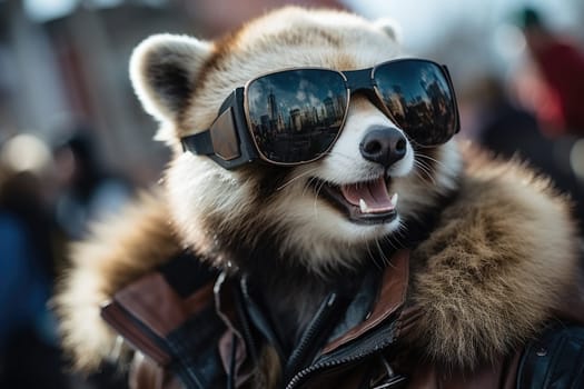 Smile red panda with sunglasses. Generative AI.