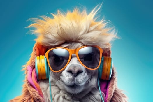 Animal wildlife alpaca wearing headphones. Generative Ai.