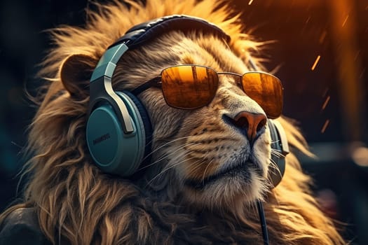 Portrait of lion with headphones listening music. AI generative art.