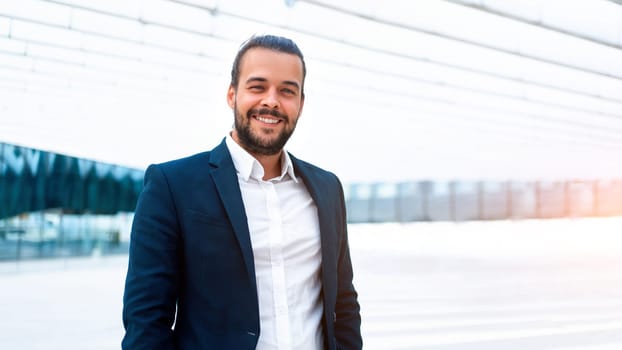 Successful businessman in suit with beard standing in front of office building confidently looking at camera and smile. Hispanic male business person side view portrait. Web banner, Free space