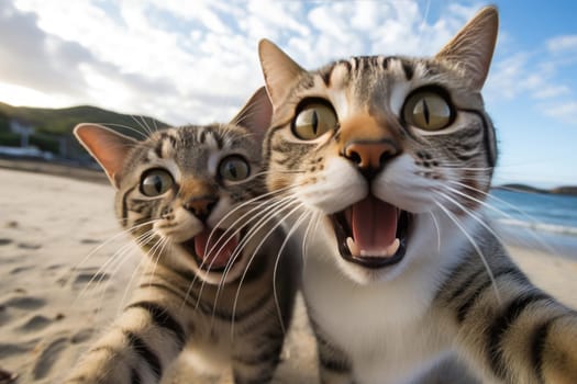 Two funny cats take a selfie on the beach. Humor.