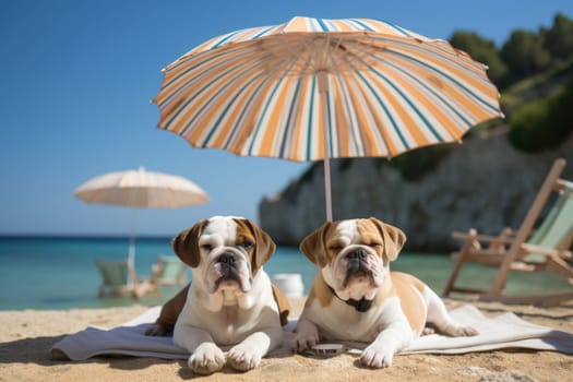 Two bulldogs are relaxing on the beach under an umbrella. Vacation and travel concept.