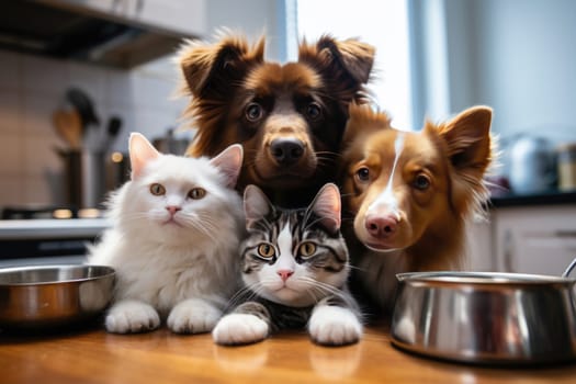 Pets in the kitchen near empty bowls beg for food.