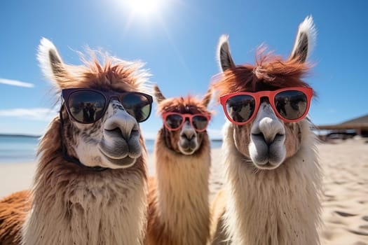 Three llamas in sunglasses take a selfie on the beach. Beach holiday, vacation concept.