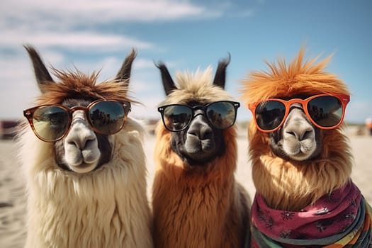 Three llamas in sunglasses take a selfie on the beach. Beach holiday, vacation concept.