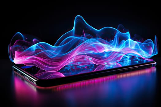 Abstract image of neon sound waves over a smartphone. Music and entertainment concept.