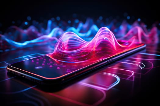 Abstract image of neon sound waves over a smartphone. Music and entertainment concept.