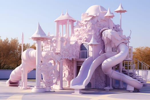 A modern children's playground in the form of a fairy-tale lilac castle. Children's entertainment concept.