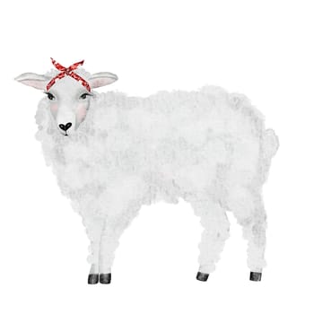 Watercolor drawing, white sheep with a red bandage on its head. Cute illustration for printing on children's educational cards, textiles and tableware. For posters and stickers for boys and girls. High quality illustration