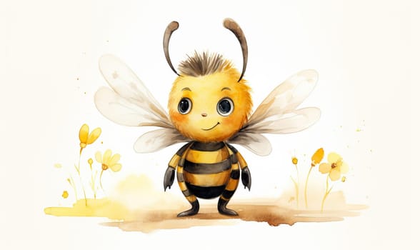Watercolor, funny bee on a white background. Selective soft focus.