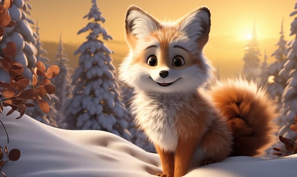 Cartoon animal fox in a winter landscape. Selective soft focus.