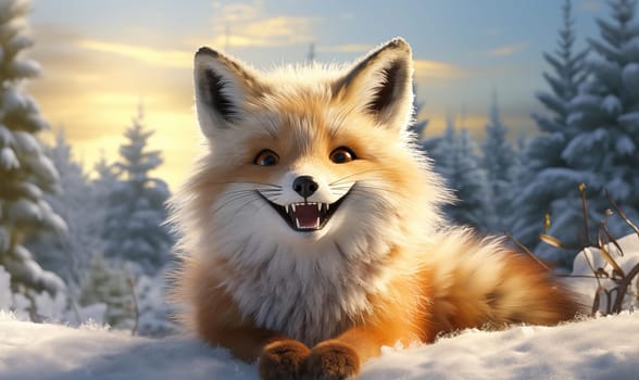Cartoon animal fox in a winter landscape. Selective soft focus.