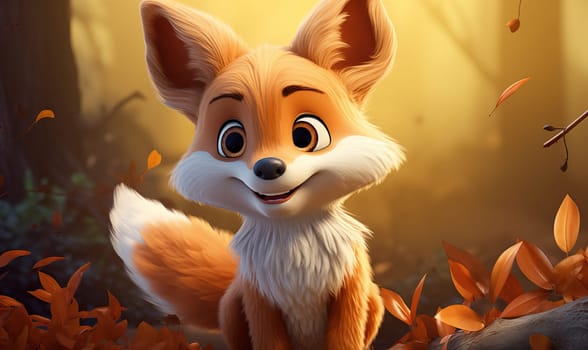 Cartoon animal fox on autumn background. Selective soft focus.