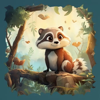 Cartoon animal raccoon on autumn background. Selective soft focus.